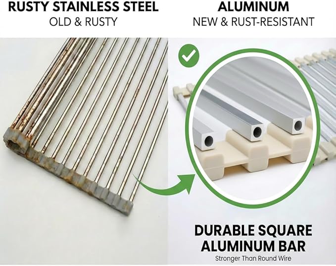 Large Aluminum Roll Up Dish Drying Rack (20.5" x 13") - Fits Sinks up to 19.5 Inches, Heavy Duty Square Bar, Rust-Proof & Heat Resistant with Removable Dish Holder (Beige Large)