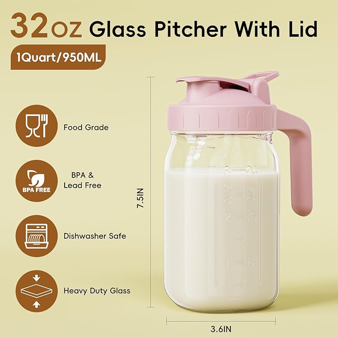 Breast Milk Pitcher - 32 oz Glass Mason Jar with Dual Leak-Proof Design, Airtight Seal, Pour Spout & Handle, Storage Container for Breastmilk, Iced Tea & Ice Drinks（Pink）