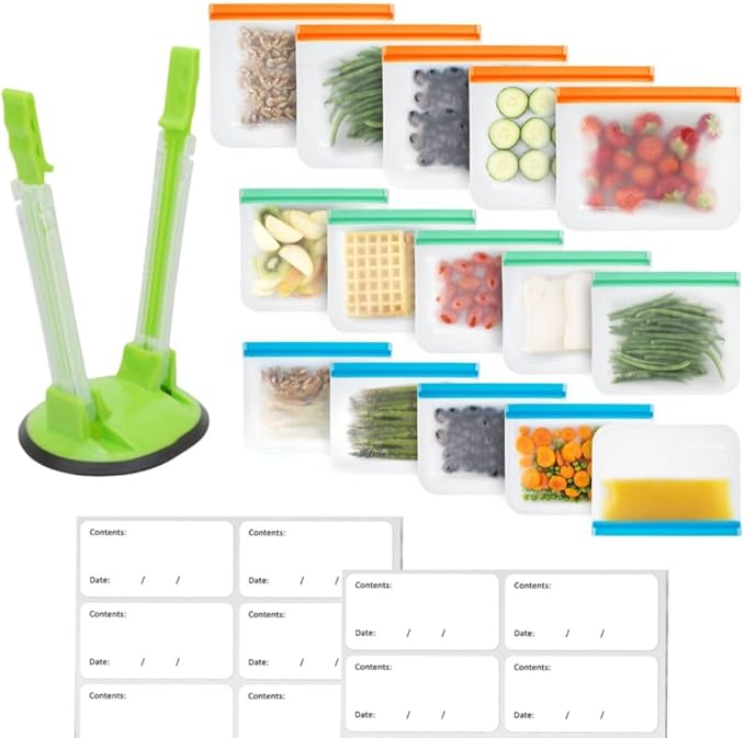 MHSEcoFriendly® Meal Prep Storage Kit – 15 Reusable, Degradable Leakproof Freezer Bags, Baggy Rack & 20 Strong Labels | BPA-Free, Multipurpose Food Storage Solution