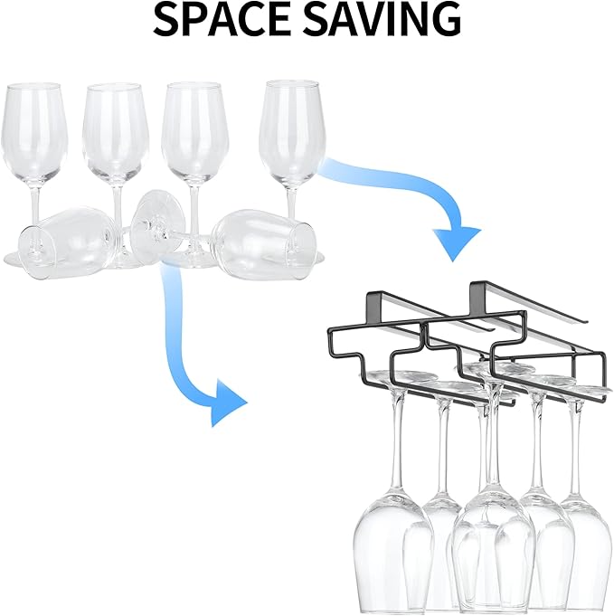 Wine Glass Rack Under Cabinet Drilling Free No Screw Steamware Holder Under Shelf Metal Wine Glasses Holders 304 Stainless Steel Hanger Storage Organizer Hanging Glass Fit for Bar Kitchen 2 Rows Black