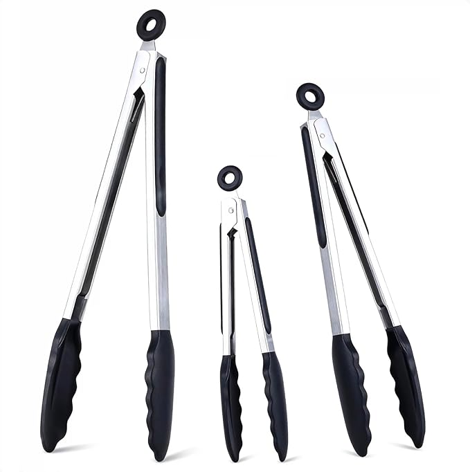 Kitchen Tongs Set of 3, Black Cooking Tongs with Silicone Tips, Non-Stick Non-Scratch Heat Resistant Tongs for Grilling Cooking BBQ Buffet Salad (Black, 7/9/12 Inch)