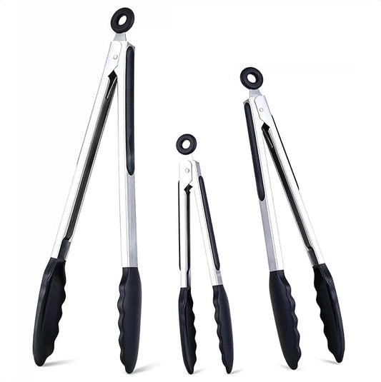 Kitchen Tongs Set of 3, Black Cooking Tongs with Silicone Tips, Non-Stick Non-Scratch Heat Resistant Tongs for Grilling Cooking BBQ Buffet Salad (Black, 7/9/12 Inch)