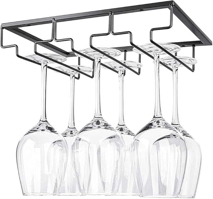 Wine Glasses Rack Under Cabinet, Wine Glass Holder, Stemware Rack, Stemware Wine Glass Holder Glasses Storage Hanger Metal Organizer, Hanging Stemware Holder for Bar Kitchen(3 Rows Matte Black)