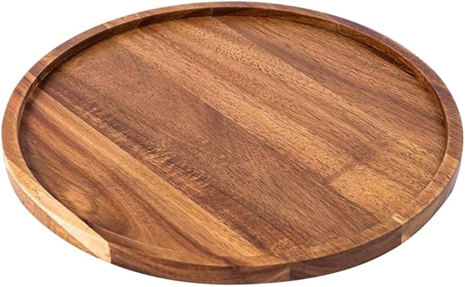 GSHLLO Large Round Acacia Wood Tray Coffee Table Wood Plate Wooden Appetizer Charcuterie Board Rustic Farmhouse Candle Holder Vintage Style Jewelry Plate Decorative Wooden Serving Tray 25 cm