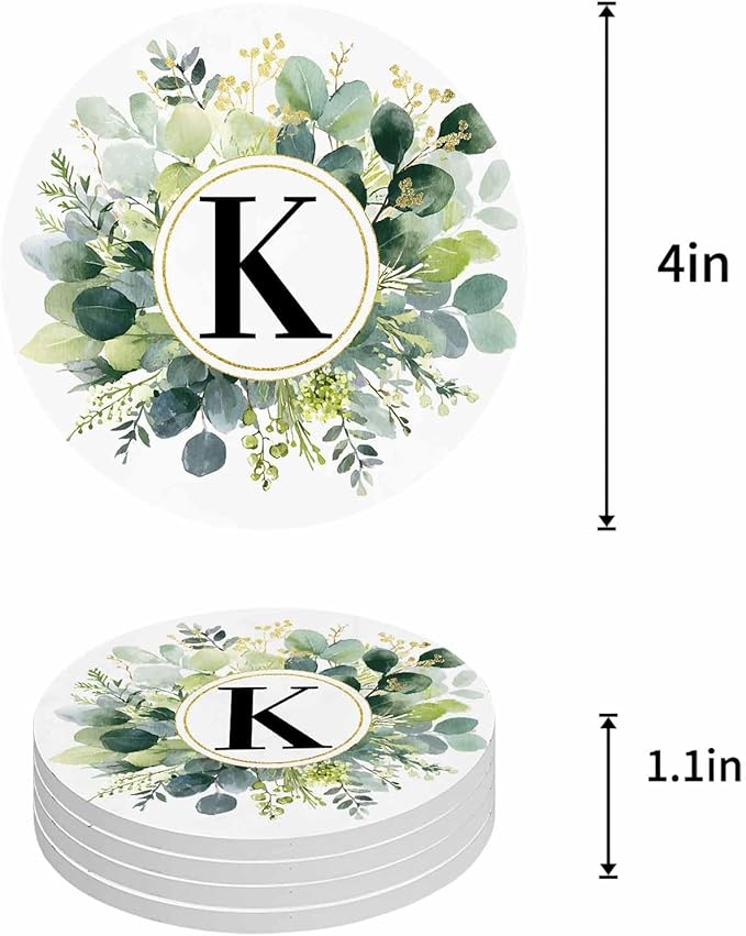 Coasters Set of 6 Letter K Drink Coasters with Holder Absorbent Stone Ceramic Cup Mat Alphabet Green Eucalyptus Leaves Coaster for Drinks Coffee Bar Office Kitchen Cafe Home Decor