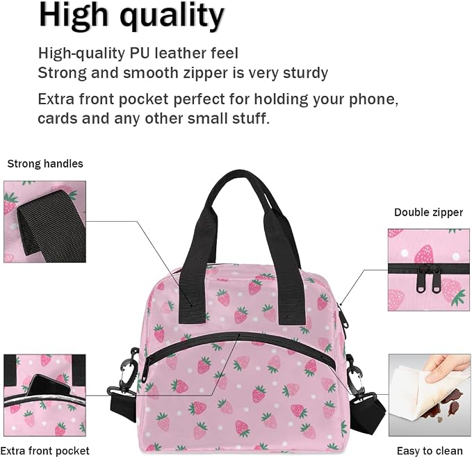 Strawberry Dots Pattern Insulated Lunch Bag for Women Men Reusable Lunch Box Cooler Bag Large Leakproof Lunch Tote with Adjustable Shoulder Strap for Adult Work Picnic Camping Beach Office