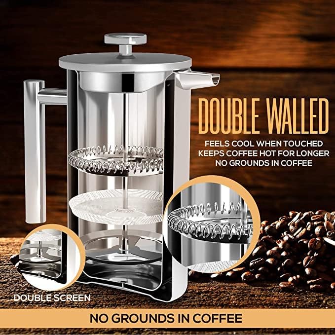 Utopia Kitchen 304 Grade Stainless Steel French Press 17 Oz, Silver | Double Wall Insulated Coffee Press with 4-Level Filtration System, Include 2 Extra Filters, Rust-Free, Dishwasher Safe