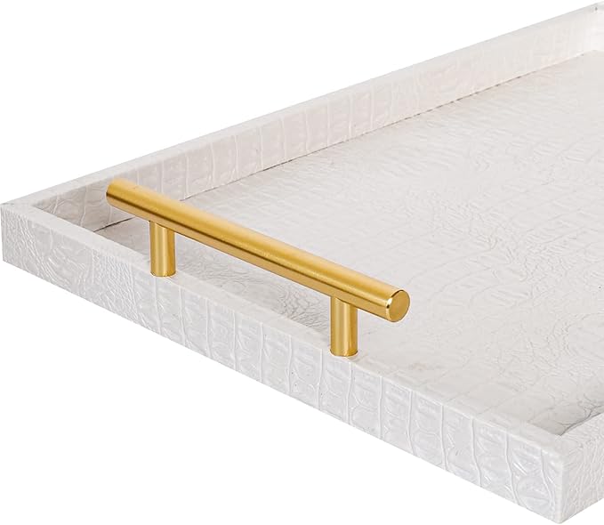 Set of 2 Modern Elegant Large Wood Serving Tray, Rectangle Decorative Tray Ottoman Tay Coffee Table Tray, Pearl White Crocodile Leather with Gold Polished Metal Handles