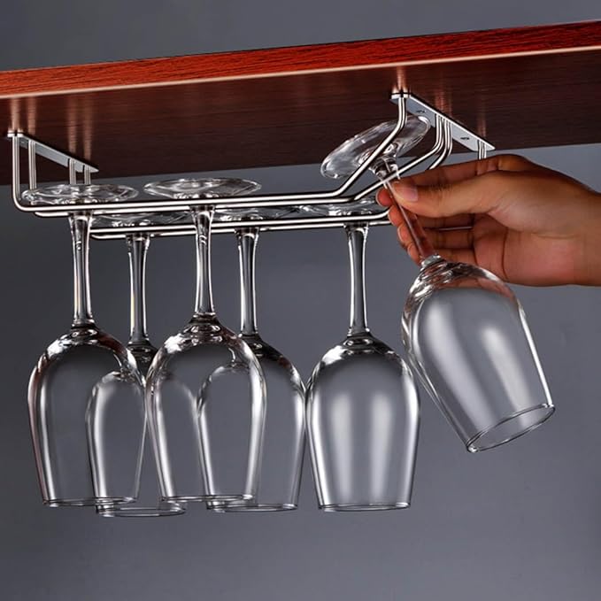 MObyat 1/2/3 Rows Wine Glasses Hanging Rack, Hanging Wine Glass Rack Under Cabinet, Storage Hanger Organizer for Kitchen Cabinet Bar, with Screws (Size : 2Rows(22.5X24CM/8.9X9.4IN))