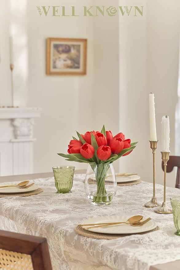 WELL KNOWN 12 Pcs Fake Red Tulips Artificial Flowers in Vase with Faux Water, Real Touch Foam Tulips Arrangements with Vase for Home Office Decor, Dining Table Wedding Centerpiece (Coral Red)