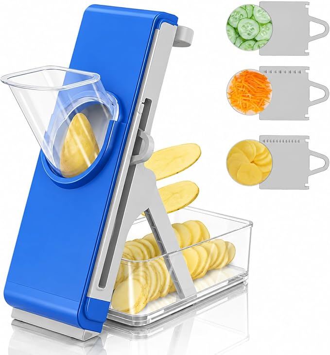 Eletronova Safe Mandoline Slicer for Kitchen, Vegetable Slicer with Container, French Fry Cutter, All in 1 Julienne Slicer for Potato, Thickness Adjustable, Detachable Blade (Dark blue)