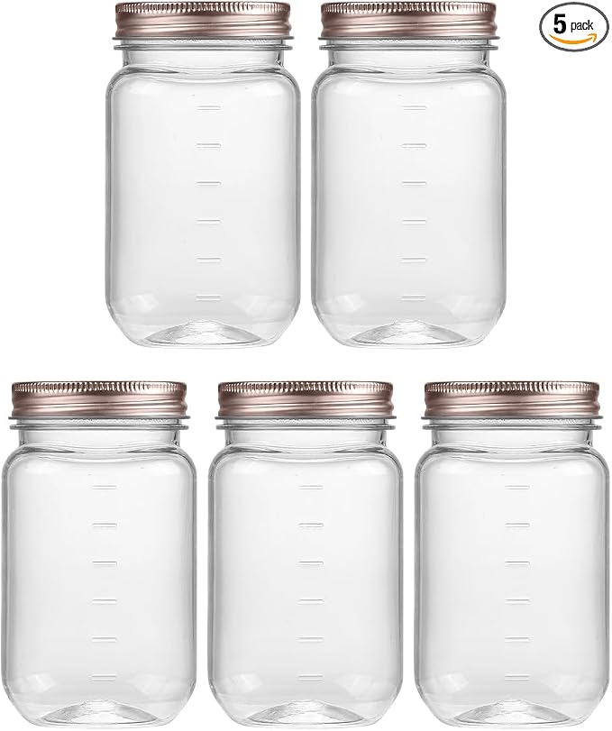 novelinks 16 oz Clear Plastic Jars with Lids, Refillable 16oz Mason Jars with Lids & Storage Containers for Kitchen & Household Use (5 Pack,Rose Gold)