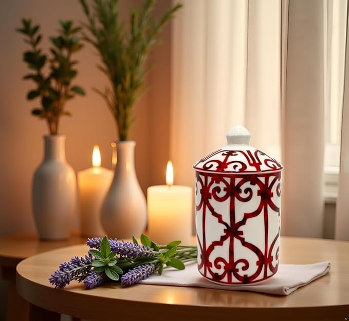Handcrafted Italian Candle Holder – Modern Art Vase with Female Face Design, Elegant Aromatherapy Jar for Tabletop Décor (Red Cage)