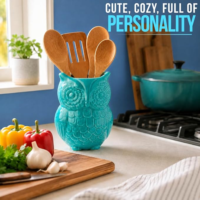 Comfify Owl Utensil Holder Decorative Ceramic Cookware Crock & Organizer, in Lovely Aqua Blue Color - Utensil Shaped Caddy and Perfect Kitchen Ceramic Decor Gift for Countertop - 5” x 7” x 4” Size