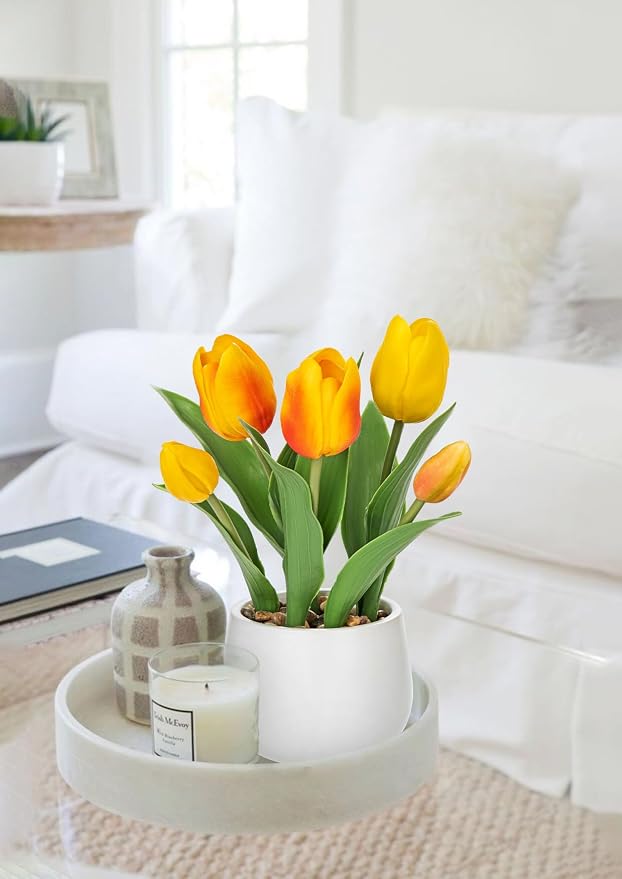 Hollyone Yellow Tulips Artificial Flowers in Vase Fake Tulips Silk Flowers Arrangements Faux Tulip Bulbs with Ceramic Pot Tulip Potted Plants Floral Bouquet for Home Decor Table Centerpiece Decoration