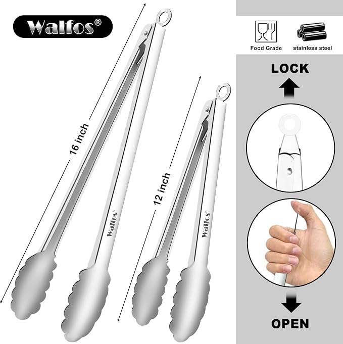 Tong for cooking, Walfos kitchen tongs set of 2 - Heat Resistant 600℉, Heavy Duty Locking Metal cooking Tongs, Stainless Steel BBQ Grilling,(All Metal 12in+16in)