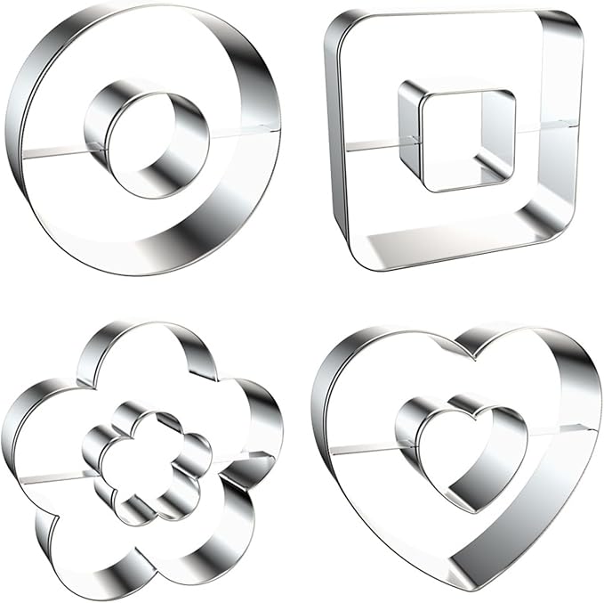4-Piece Linzer Cookie Cutters Set - Stainless Steel Large Fondant Biscuit Molds for Birthday Party, Graduation, Christmas, and Holiday Baking DIY (Round, Square, Heart, Flower)