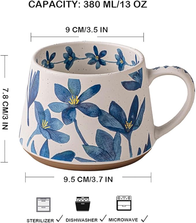 Elegant Floral Ceramic Mug ，Blue Flower Design mug with Handle, Unique Watercolor Flower Design Tea Mug for Home & Office，Microwave safety (Blue 2 Set)