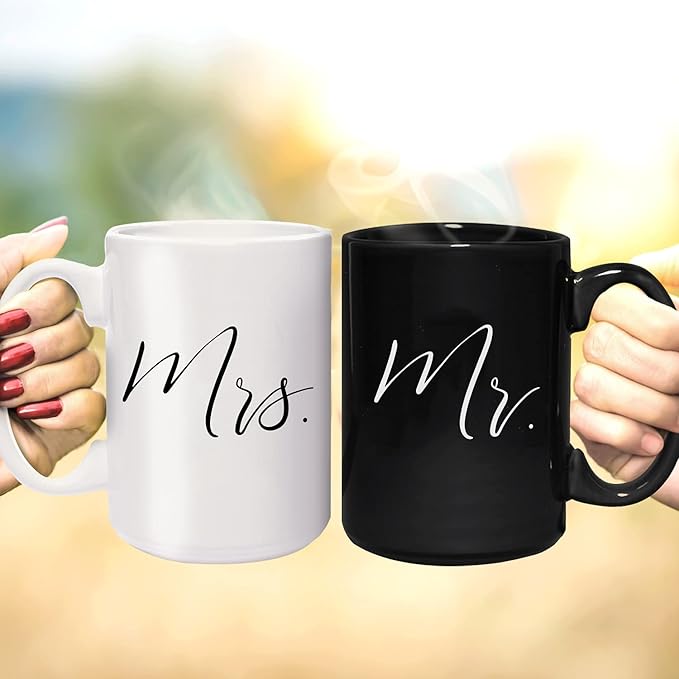 Canopy Street Mr And Mrs Matching Mugs / 2 Jumbo 15 Ounce White And Black Ceramic Mugs/Elegant Coffee Cup Gift Set/One Black Mug And One White Mug