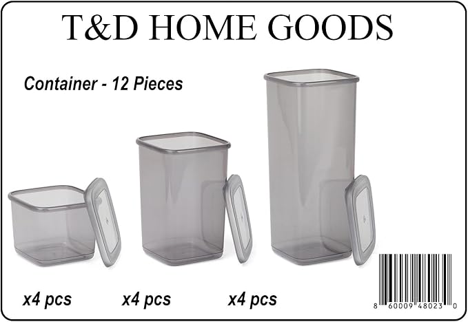 T&D HOME GOODS Storage Jars with Lid, Airtight, Set of 12 Storage Containers, BPA-Free, Storage Container for Cereal, Flour, Kitchen, Practical Organiser Kitchen, (12, 3 Square diff size)