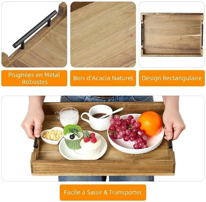 Natural Acacia Wood Ottoman Serving Tray with Metal Handles, 17"×12" Rustic Decorative Wooden Tray for Coffee Table, Breakfast in Bed, Dinner Food, Bar Liquor & Home Storage