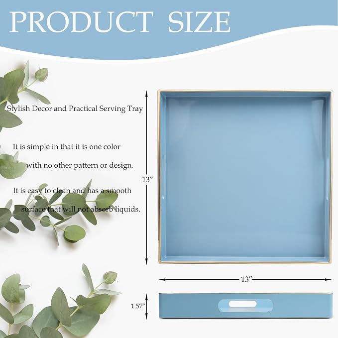 Spsyrine Light Blue Decorative Tray for Living Room, Square Modern Plastic Coffee Serving Table Tray for Ottoman Bathroom Kitchen, 13"*13".