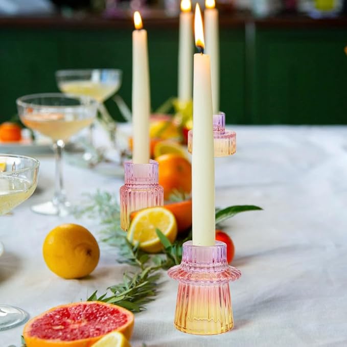 Vixdonos Glass Candlestick Holders Tealight Candle Holders for Table Centerpieces, Wedding Decor and Dinner Party (3 Pcs, Purple-Pink-Yellow)