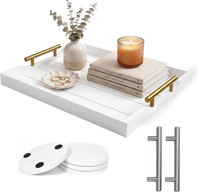 Wood Serving Tray with Metal Handles, 17x13in Large Wooden Tray for Ottoman, Coffee Table, Breakfast, Dinner & Bar, Decorative Tray for Living Room, Bedroom, Bathroom and Kitchen, White