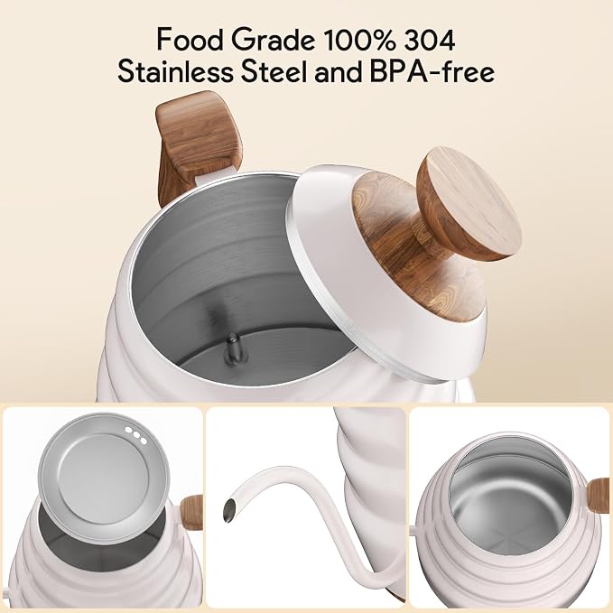 Electric Gooseneck Kettle, 30oz/0.9L Intelligent Temperature Control, Quick Heating, 304 Stainless Steel for Pour Over Coffee, Brew Tea, Boil Hot Water, 1000W （White）
