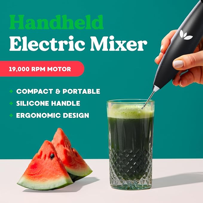 Simply Blossom - Milk Frother - Electric Handheld Mixer & Drink Stirrer – Frothing Wand for Greens, Coffee, Matcha, Protein – Stainless Steel, Battery Operated