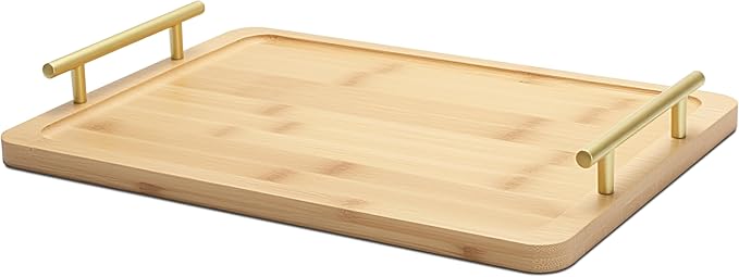 Serving Tray with Metal Handles, 14" x9.5 x1.75 Medium Bamboo Serving Trays for Home Decor, Bathroom, Kitchen Counter, Coffee Table