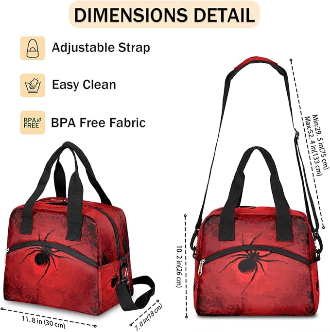 Spider Red Background Insulated Lunch Bag for Women Men Thermal Cooler Bag Adult Lunch Box with Shoulder Strap Reusable Lunch Tote Bag Large Containers for School Picnic Work Lightweight Handbag
