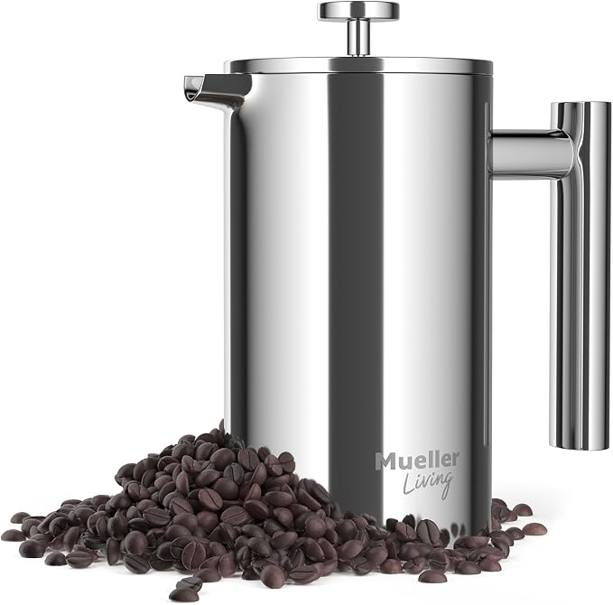 MuellerLiving French Press Coffee Maker 20oz, Stainless Steel French Press Coffee, 4 Filter Heat Resistant Double Insulated, Rust-Free, Food Grade, Dishwasher Safe Coffee Pot | 20oz | Stainless Steel | 4 Filter Heat Resistant Double Insulated | Rust-Fr...