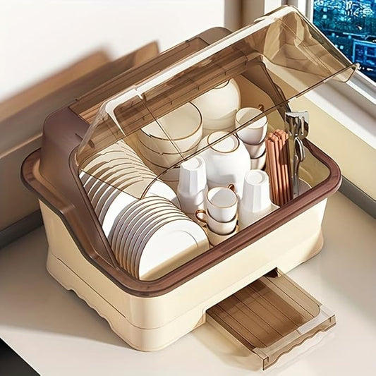 Countertop Utensil Storage Cabinet with a Covered Dish Rack Above The Sink, Suitable for Plates, Bowls, and Cutlery (Brown, 15.4 * 11 * 11.4 inches)