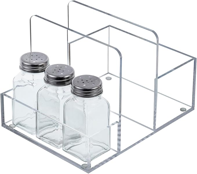 MyGift 2-in-1 Acrylic Napkin Holder with Salt and Pepper Shakers, Metal Vintage Scrollwork Dinner Table Paper Towel Condiment Holder with Rustic Solid Wood Base (Premium Clear Acrylic)