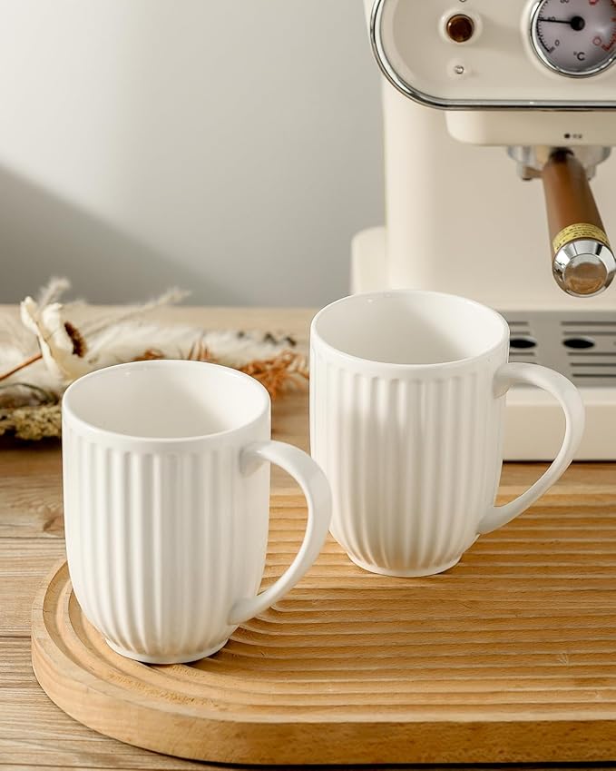 Hasense Porcelain Coffee Mug Set of 2, 20 Oz Large Coffee Mug, Ceramic Latte Cup with Handle, Modern Ribbed Design Tea Cup for Coffee, Cocoa, Wedding, Housewarming Gift, White