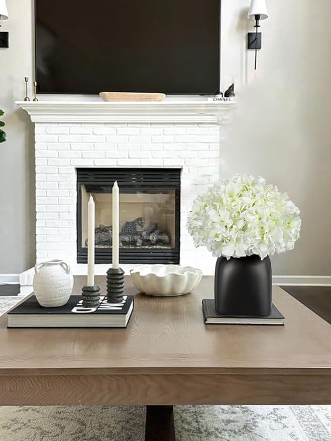 Briful White Hydrangea Artificial Flowers in Ceramic Vase, Black Vase Farmhouse Centerpieces for Tables, Dining Table Vase with Fake Flowers for Home Decor Indoor Kitchen Living Room
