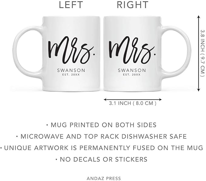 Andaz Press Personalized Name 11oz. Ceramic Ceramic Valentines Day Coffee Mugs Wedding Anniversary Couples Gift Set, Mr. Mrs. Johnson Est. 2026, Script Style, 2-Pack, Custom Names, Long Distance Gift