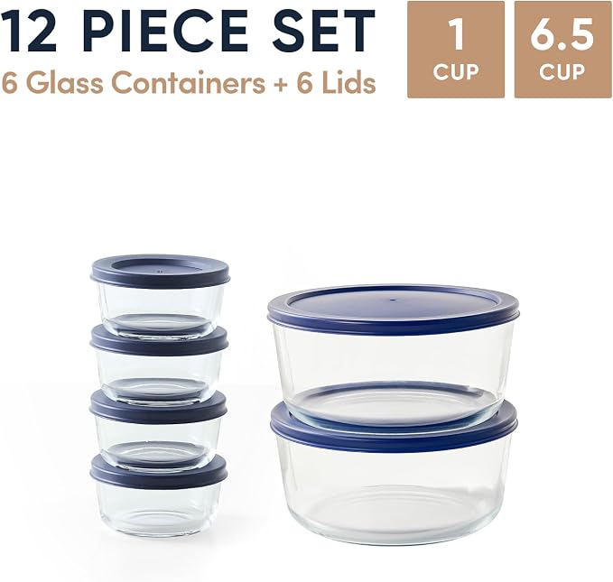 12-Piece Glass Food Storage Containers Set (6 Containers + 6 BPA-Free Lids) | 1-Cup & 6.5-Cup, Leakproof | Microwave, Freezer, Oven & Dishwasher Safe | Ideal for Meal Prep & Pantry Organization, Blue
