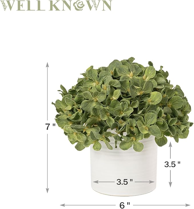 Hydrangea Fake Flowers in Vase, Artificial Flowers with Ceramic Vase Small Faux Potted Plant Arrangements for Bathroom Home Desk Kitchen Counter Vanity Shelf Coffee Table Centerpiece Decor (Green)