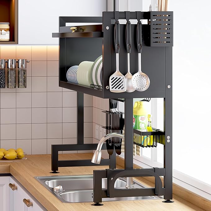 Verida Over the Sink Dish Drying Rack 3 Tier, Over Sink Dish Drain Drying Rack for Kitchen Storage of Dishes and Cutlery, Space Saving Dish Rack with Cover, Black