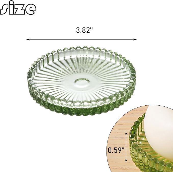 2 Pack Glass Pillar Candle Holders 4 Inch Ribbed Edge Design Decorative Candle Plate with Serrated Edges Clear Green Display Stand for Wedding Home Decor Table Centerpieces