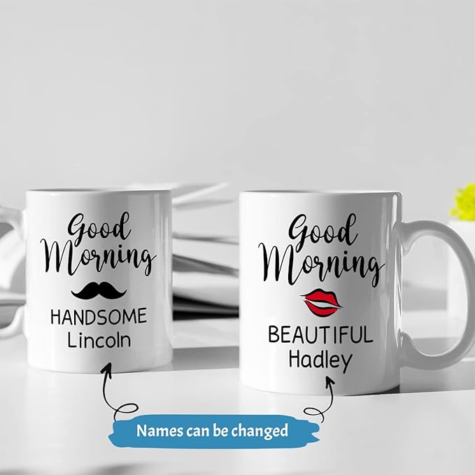 Custom Name Mug Set Of 2, Couple Coffee Mug Design For Valentines Day, Customized Couple Ceramic Mug, Good Morning His & Her Mug, Couple Cup, Lover Present, Wedding Gifts, White 11oz Or 15oz
