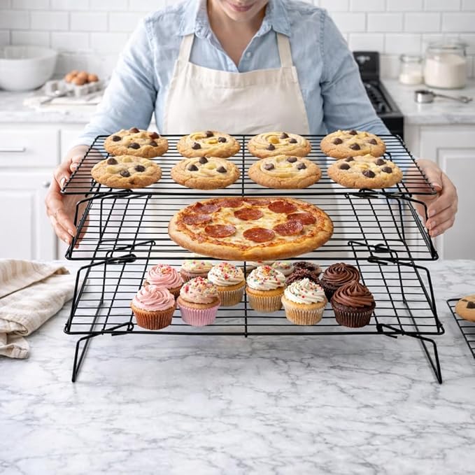 3-Tier Collapsible Cooling Rack for Baking, Stackable Cookie Rack with Detachable Design, Foldable Legs, Baking Sheets Set with 100 Pcs 6x8 Inch Baking Paper, 15.7x9.8 in Metal Cooling Rack