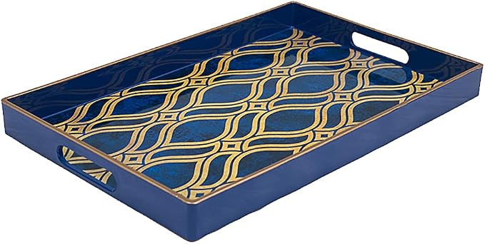 MAONAME Blue Decorative Tray with Handles, Plastic Serving Tray for Coffee Table, Marbling Rectangular Trays for Ottoman, Bathroom, Storage, 15.7" Lx 10.2" W X 1.57" H