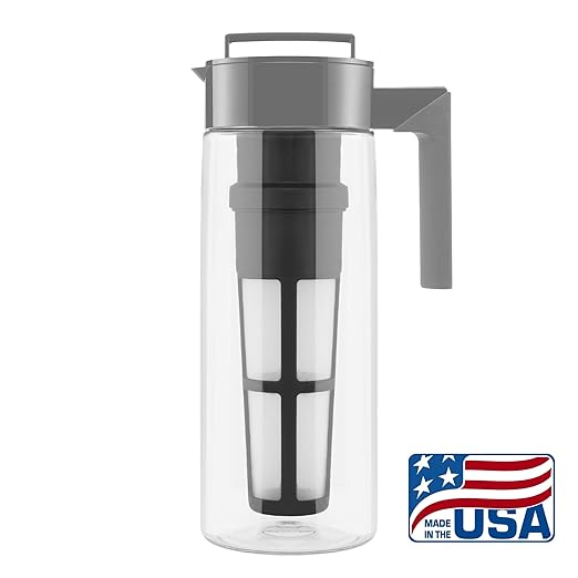Takeya Deluxe Cold Brew Coffee Maker - BPA-Free Tritan Pitcher with Airtight Leakproof Lid, Silicone Grip Handle, Fine-Mesh Filter - Shatter-Proof, Dishwasher Safe, Made in USA - 2 Quart/Stone