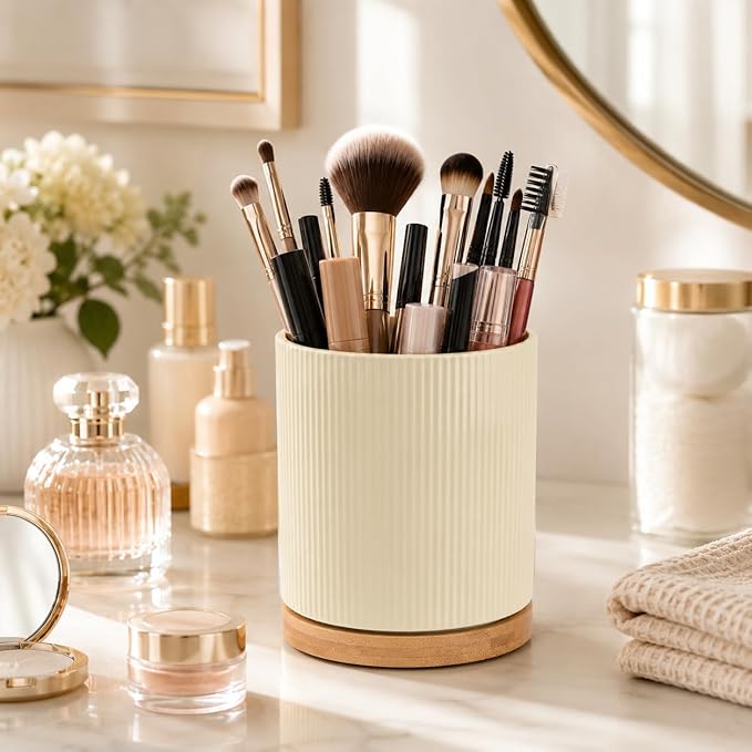 QUELIEN Utensil Holder, 360° Rotating Ceramic Kitchen Utensil Holder for Countertop, 7.7" Utensil Crock for Kitchen Counter with Rotatable Wooden Base,Ideal Housewarming Gift & Mothers Day Gift