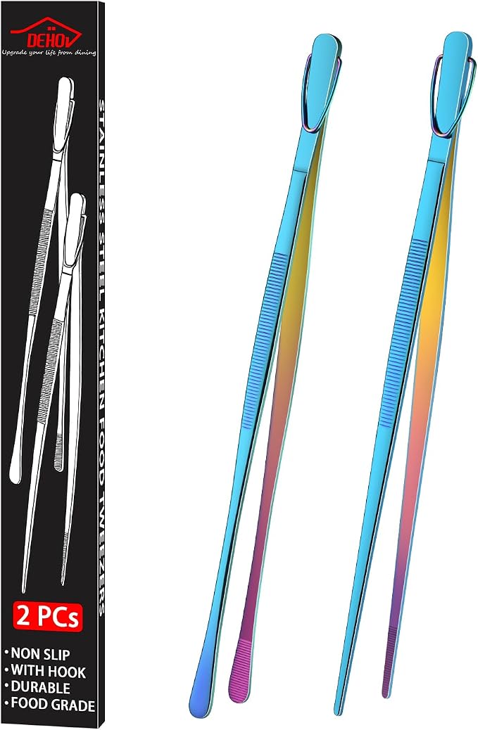 12 Inch Metal Chef Tweezers For Cooking, Rainbow Stainless Steel Cooking Tongs Set Of 2, Colorful Pickle Grabber, Long Pasta Tongs