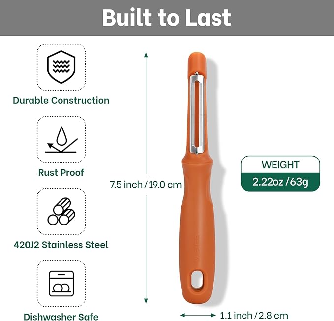 Beneno Swivel Vegetable Peeler, Razor-Sharp Smooth Peeling Potato Peelers with Stainless Steel Blades, Ergonomic Comfort Non-Slip Rubber Handle, Durable Kitchen Peelers with Potato Eye Remover, Orange
