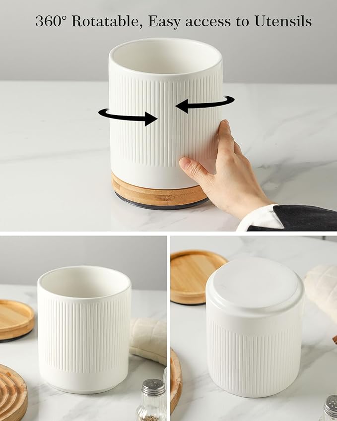 Kitchen Utensil Holder for Countertop, Ceramic Rotatable Utensil Crocks, Kitchen Tool Holder, Cooking Utensil Holder Organizer for Spatula, White